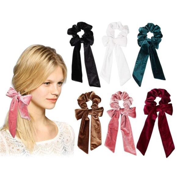 6-Pack Velvet Hair Scrunchies – Bowknot Elastics for Women and Girls - Picture 1 of 8